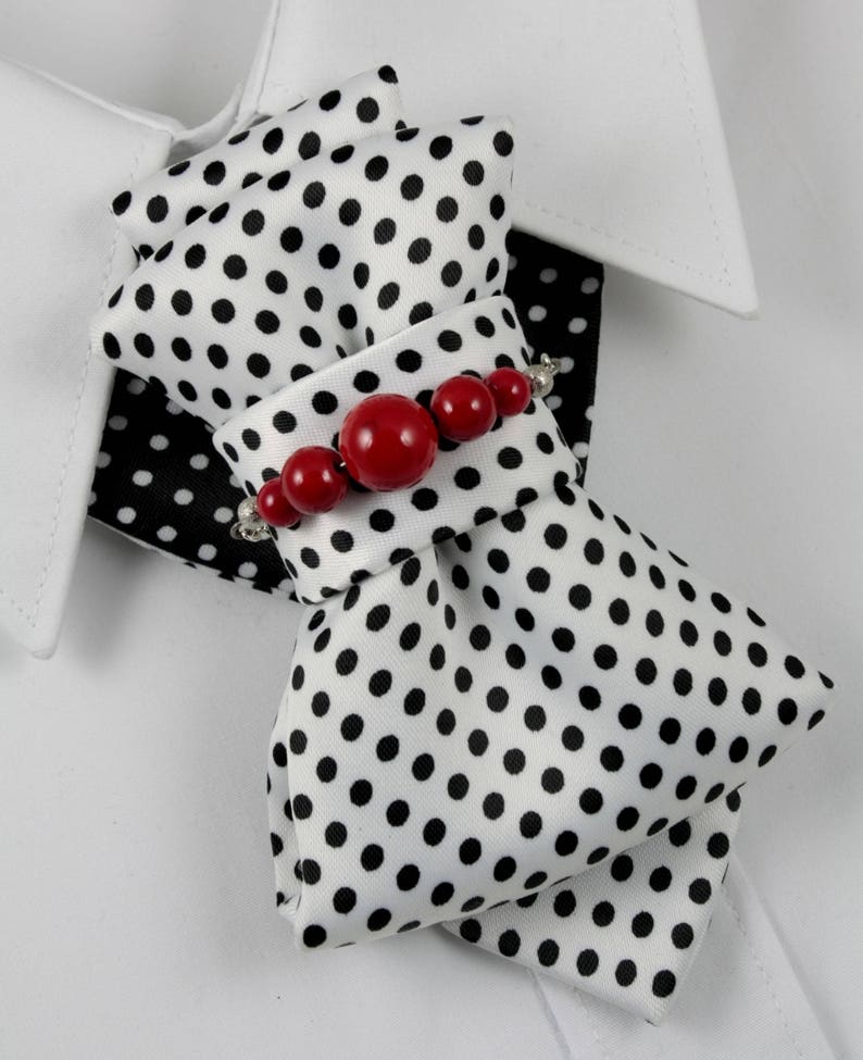 Spotted tie for women, White Bow Tie, Polka dot Necktie, Multi functional tie Stylish Neckwear For Women white with beads