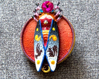 Hand-Painted Cicada Brooch | Enamel Insect Lapel Pin | Handmade Nature Badge | Gift for Her