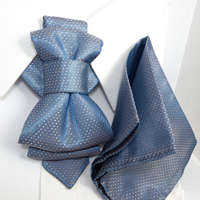 Creative blue bowtie necktie with dots, Original wedding tie, Elegant and stylish necktie