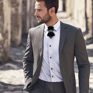 Black Velvet Vertical Bow Tie with Pinstripe Accent – Designer Statement Tie with Metallic Stud image 9