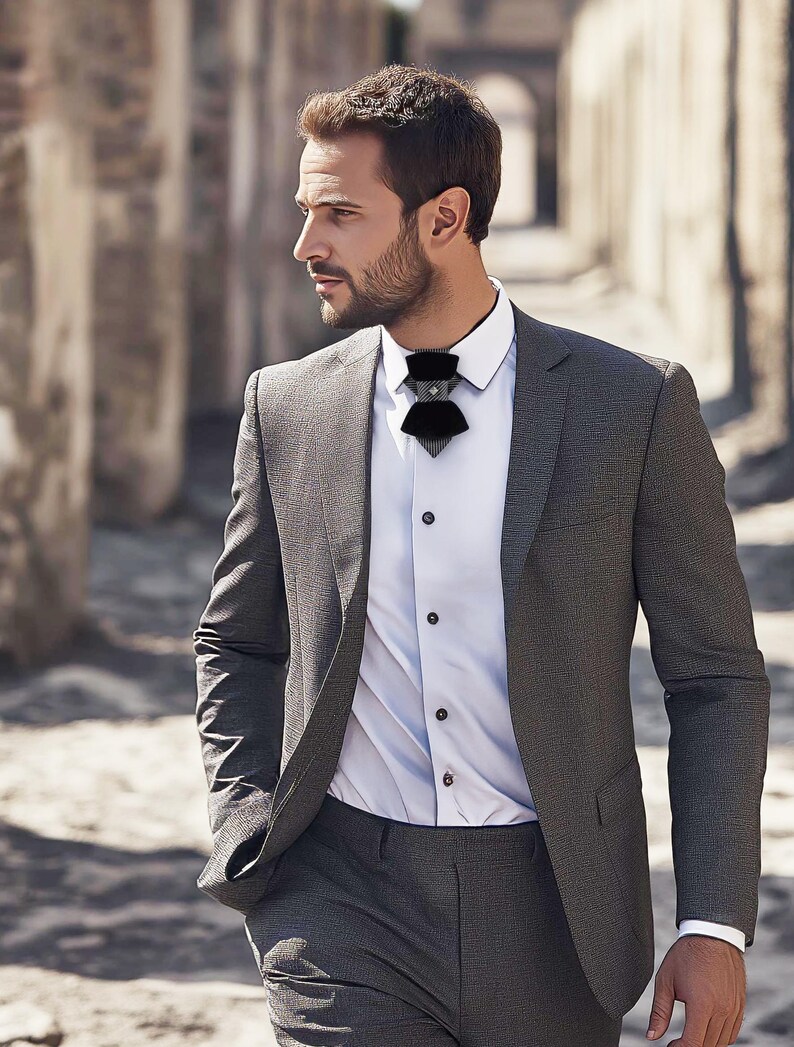 Black Velvet Vertical Bow Tie with Pinstripe Accent – Designer Statement Tie with Metallic Stud image 9