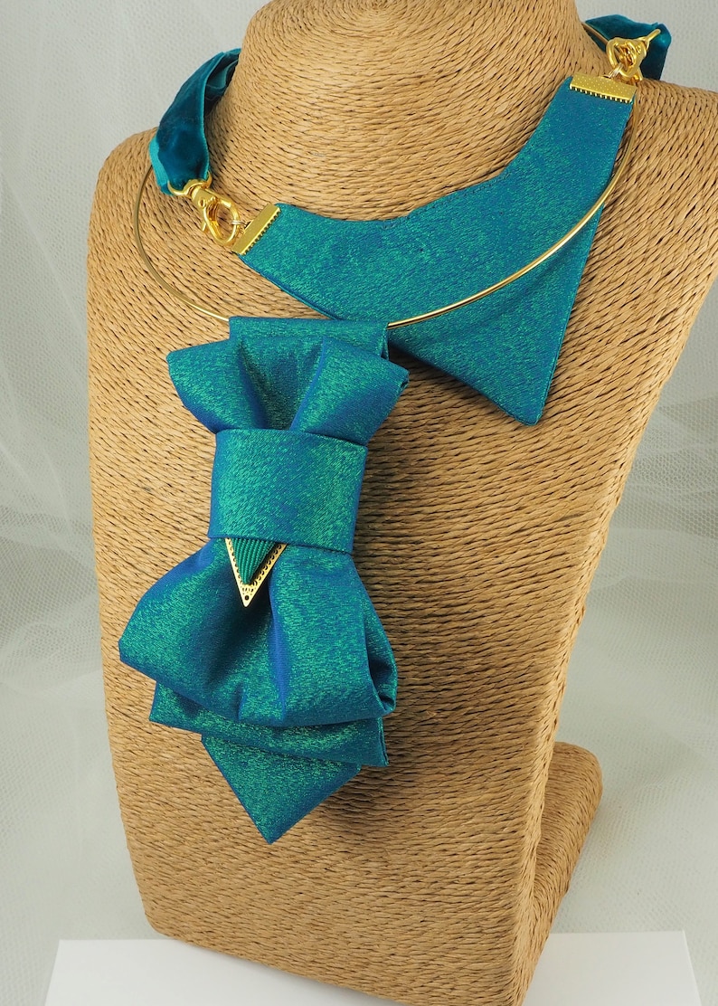 Turquoise Blue Metallic Bowtie for women, Original design ladies tie, Luxury neck accessory for women Stylish Neckwear For Women With gold color hoop