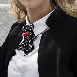 Spotted tie for women, White Bow Tie, Polka dot Necktie, Multi functional tie Stylish Neckwear For Women black with beads