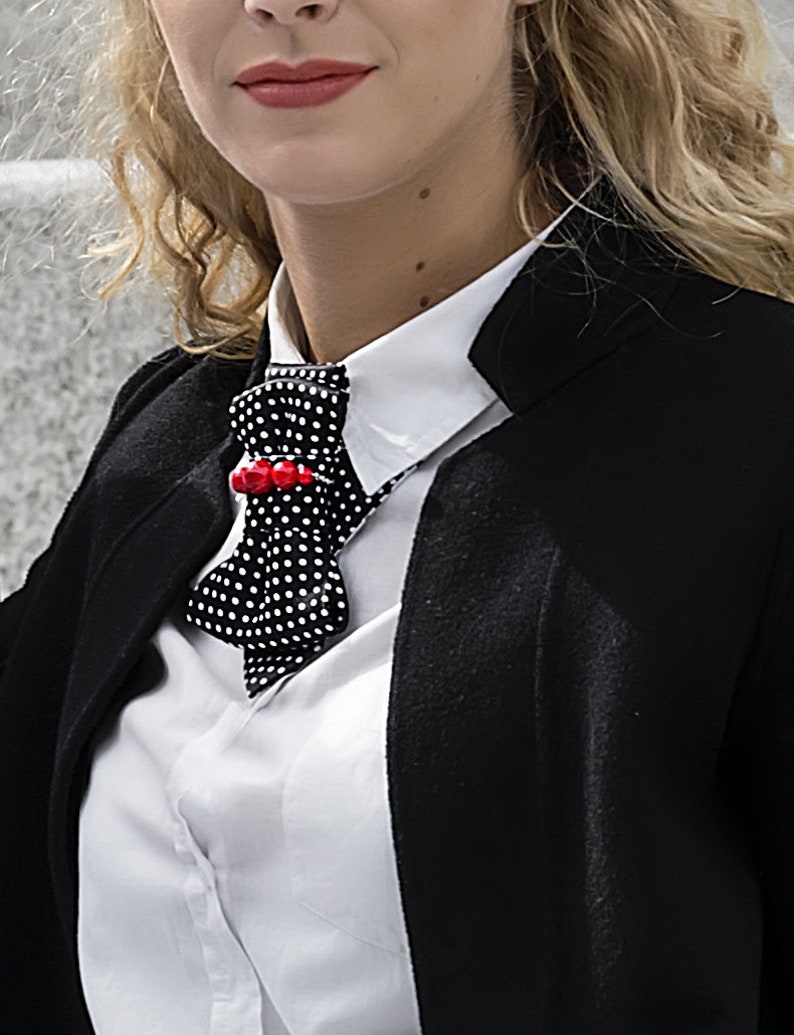 Spotted tie for women, White Bow Tie, Polka dot Necktie, Multi functional tie Stylish Neckwear For Women black with beads