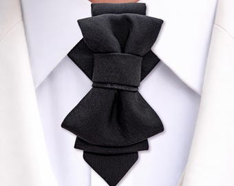 Black Handmade Statement Necktie | Men's Elegant Wedding Bow Tie | Unique Sculptural Groom Neckwear | Artisan Pre-tied Accessory