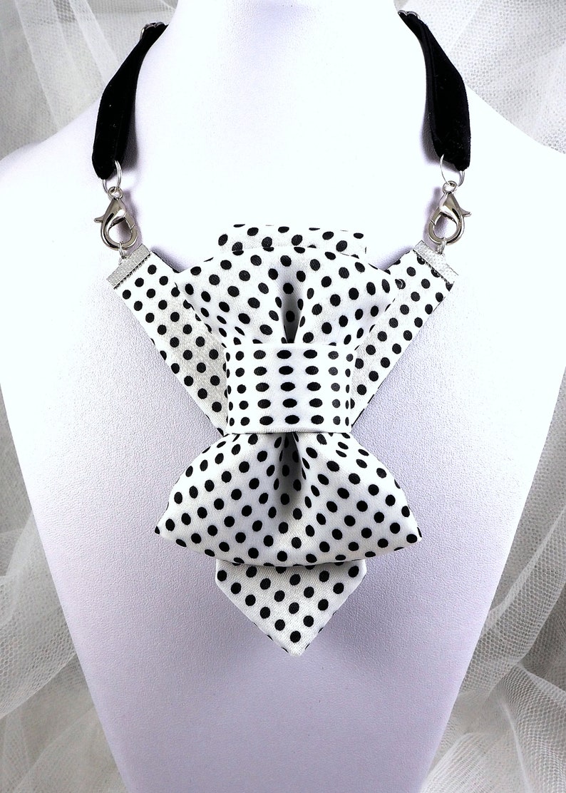 Spotted tie for women, White Bow Tie, Polka dot Necktie, Multi functional tie Stylish Neckwear For Women white no beads