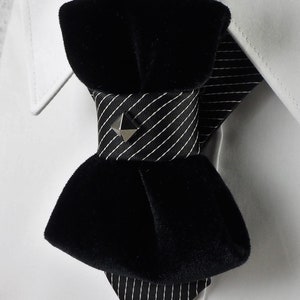 Unique black necktie, Wedding bow tie, Attention magnet black cravat, Black unisex tie black velvet vertical bow tie, designer statement tie for men, unique groom wedding bow tie, handmade velvet bow tie, modern vertical bow tie design, black velvet groom tie, artistic men’s neckwear accessory, luxury designer bow tie, pinstripe accent bow tie, metallic stud bow tie detail, elegant groom wedding accessory, contemporary formal bow tie, unique men’s wedding tie, shandcrafted designer necktie