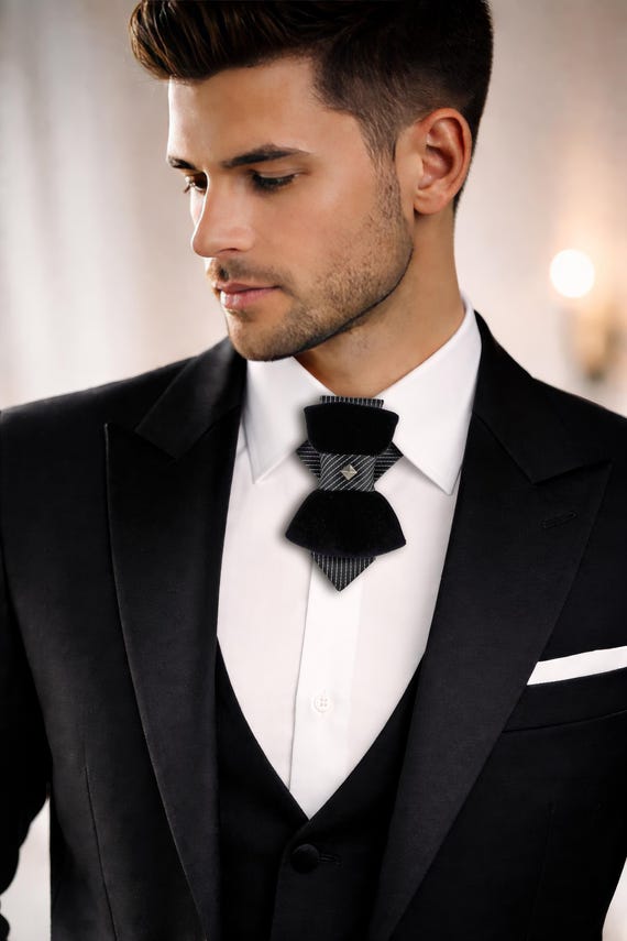 Black Velvet Vertical Bow Tie with Pinstripe Accent – Designer Statement Tie with Metallic Stud