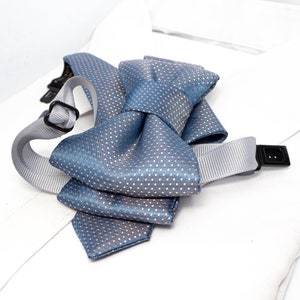 Creative blue bowtie necktie with dots, Original wedding tie, Elegant and stylish necktie