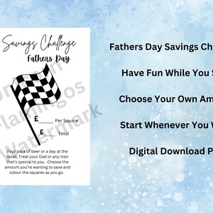 Op de afbeelding: Een printbare vaderdag spaaruitdaging met een geruit vlagontwerp. De tekst luidt "Savings Challenge Fathers Day" en "Have Fun While You Save".