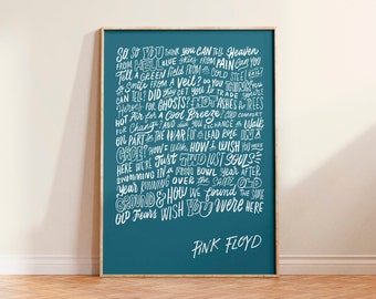 J’aimerais que vous soyez ici - Pink Floyd, Paroles de chansons à la main, Cadeau d’amateur de musique, Cadeau du Souvenir, Affiche musicale, Cadeaux lyriques de chansons personnalisés