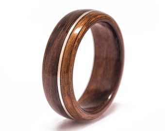 Santos Rosewood and Silver 925 Inlay Bentwood Ring, wood wedding ring, wedding band, engagement ring, mens wooden ring, Handmade