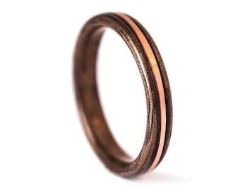 Walnut wood and Copper inlay ring, thin bentwood band, wood engagement ring, men wooden ring, 5th year anniversary gift, handmade in Italy