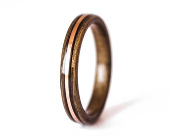 Bague en bois courbé avec incrustation de noyer et de cuivre, bague en bois fine, alliance en bois, bague de fiançailles, bague en bois pour homme, faite main