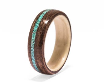 Ebony Makassar, Maple and Turquoise wooden ring, handmade bentwood wedding band