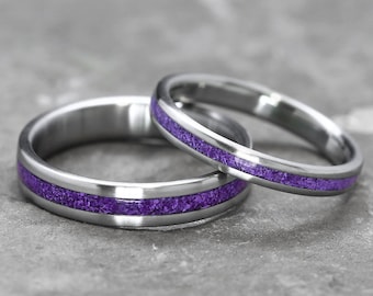 Set of 2 Titanium rings with Sugilite inlay - Purple stone minimalist ring - Industrial modern ring - Anniversary band