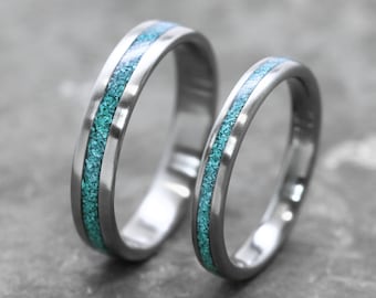 Titanium ring set with turquoise inlay - Industrial modern ring - Blue stone minimalist ring - Anniversary band - Ring couple - Ring pair