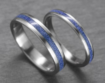 Titanium ring set with Lapis Lazuli inlay - Industrial modern ring - Blue stone minimalist ring - Anniversary band - Ring couple - Ring pair