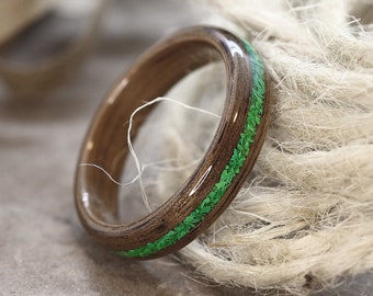 Walnut wood ring with Malachite stone inlay, bent wooden band, wood engagement ring, men wooden ring, 5th year Anniversary gift, Handmade