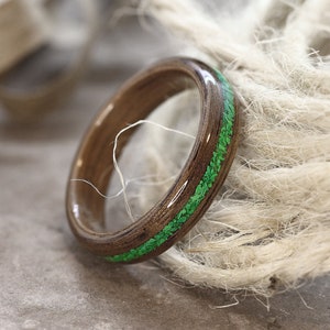 Walnut wood ring with Malachite stone inlay, bent wooden band, wood engagement ring, men wooden ring, 5th year Anniversary gift, Handmade