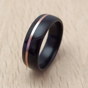 Ebony wood ring with off-centre copper inlay, Wooden wedding band for him