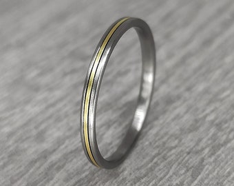 Thin Titanium ring with Brass inlay, 2mm, matte finish, wedding rings, etsy wedding bands, mens wedding band