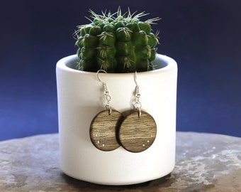 Oak wood earrings with 3 Silver dots, Handmade jewerly, sterling silver 925 hooks, boho round pendants, Gift for Her
