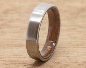 Satin Titanium and Walnut wood ring, titanium wood ring, wooden wedding band, natural bentwood ring, matte titanium ring, handmade in Italy