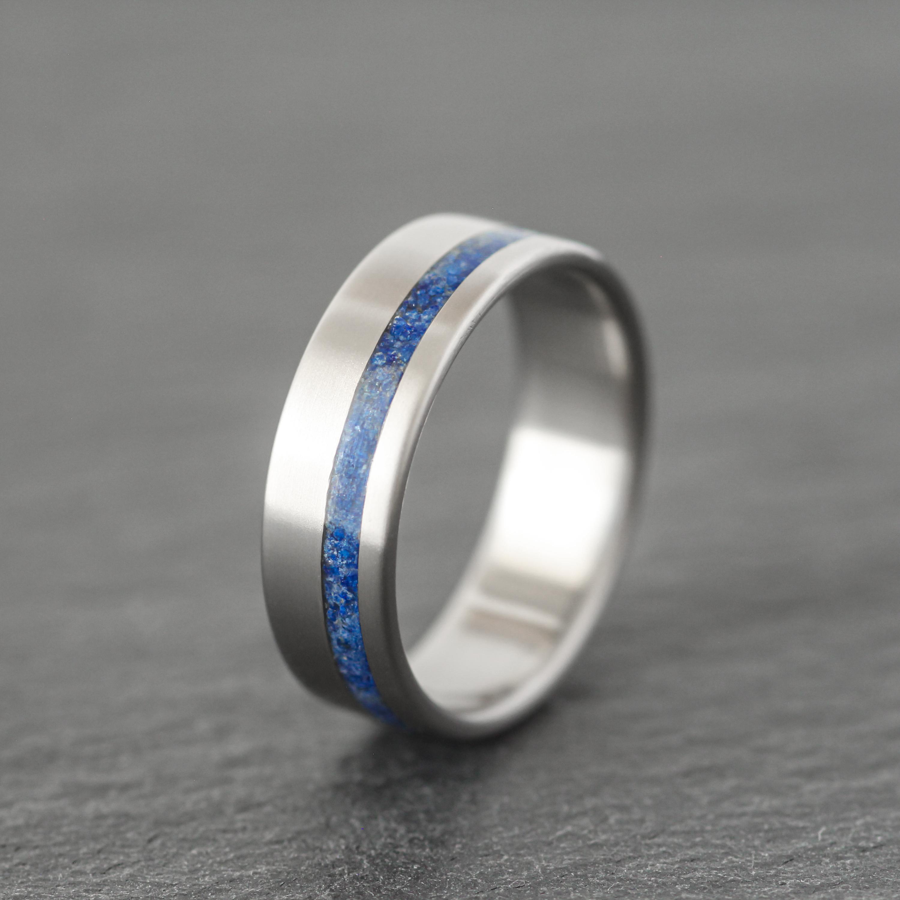Titanium Ring With Lapis Lazuli Inlay, 7mm, Satin Finish, Wedding