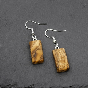 Rectangular Olive wood dangle earrings, Silver ear wire, Handmade wooden earrings