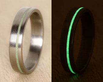 Titanium ring with glow in the dark inlay, Green glow ring, Glowing band, Titanium engagement ring, mens wedding band, Star Wars ring