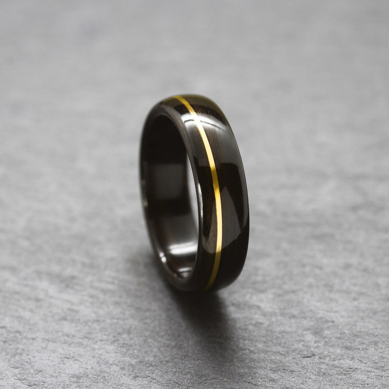Ebony bentwood ring with Brass inlay, natural wooden ring, wooden wedding band, bentwood bands, mens wood wedding band image 1