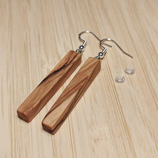 Olive wood earrings. Silver ear wire, Handmade wooden earrings, natural jewerly, dangle drop earrings, stick pendant