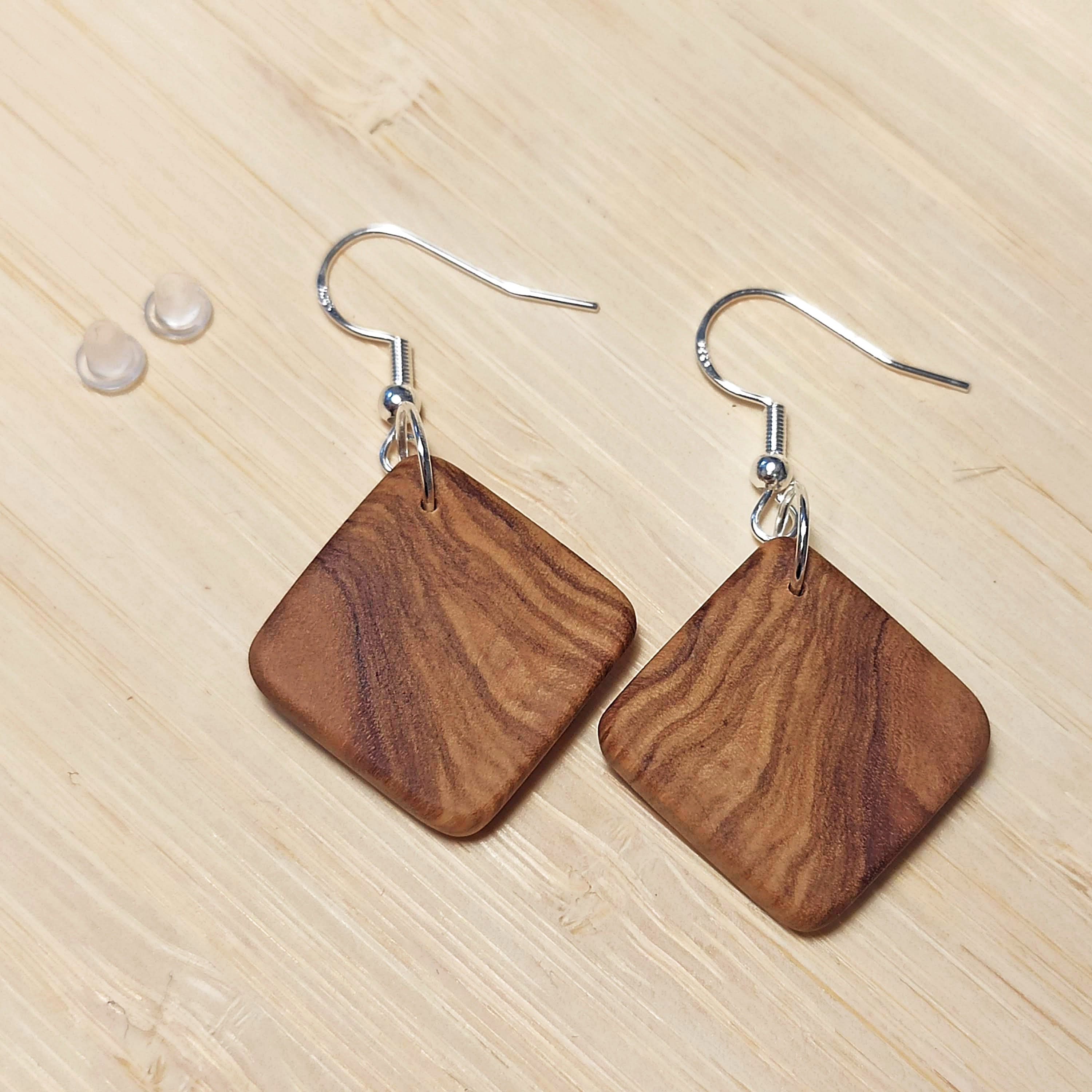 Olive Wood Earrings. Silver Ear Wire, Handmade Wooden