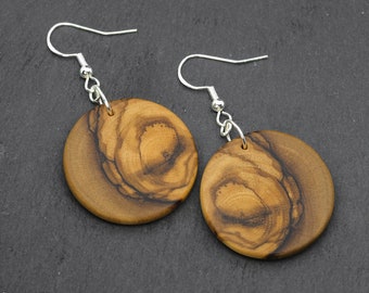 Boucles d'oreilles rondes en bois d'olivier avec fil d'oreille en argent, boucles d'oreilles en bois faites main