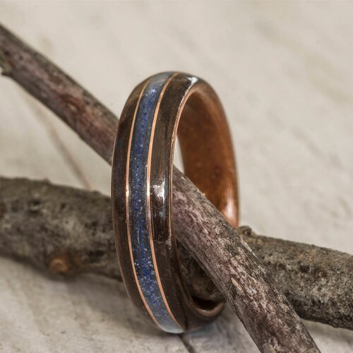 Ebony and Sapele shops bentwood ring with Lapis lazuli and double Copper inlay, wood wedding ring, wooden wedding band, mens wood wedding band