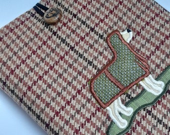 Padded book sleeve made from repurposed wool fabric, dog lovers, book pouch, book protector