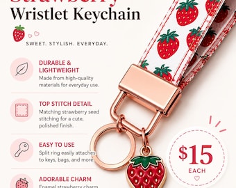 Strawberry Keychain Wristlet with Rose Gold Hardware