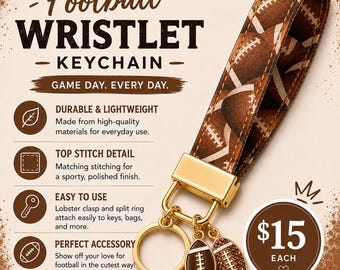 Game Day Football Keychain Wristlet with Gold Hardware