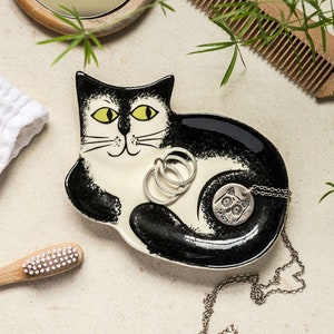 Handmade Ceramic Black and White Cat Trinket Dish by Hannah Turner