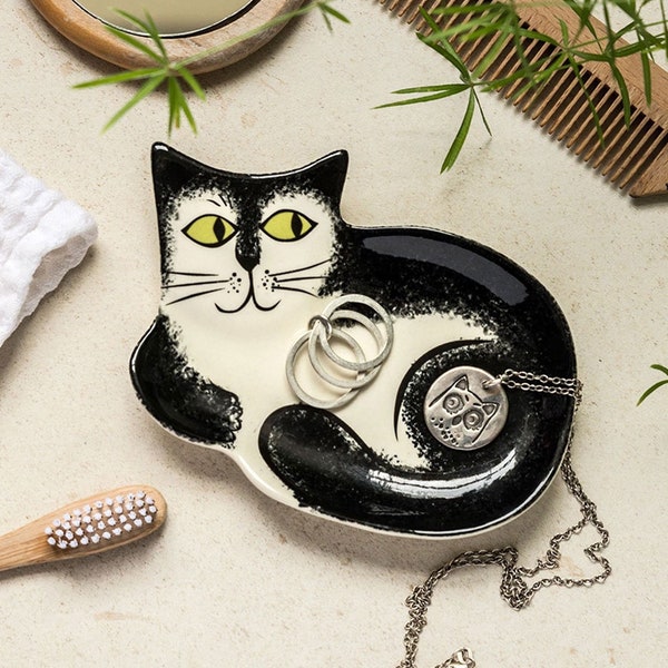 Handmade Ceramic Cat Trinket Dish. Designed in the UK By Hannah Turner. Cat Ring Dish. Cat Spoon Rest or Teabag dish. Tabby Cat, Ginger Cat