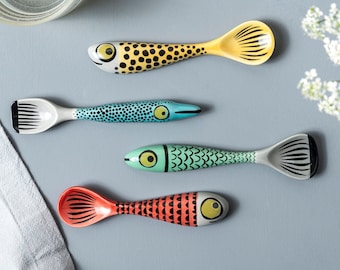 Handmade Ceramic Fish Spoons by Hannah Turner, hand-painted little pottery fish spoons in red, orange, green and blue, 4 great characters
