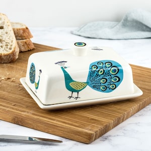 Handmade Ceramic Peacock Butter Dish, designed in the UK by Hannah Turner. Perfect stylish Butter container, Gift Boxed Pottery Butter Dish