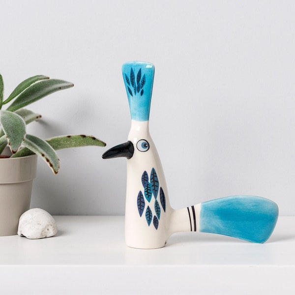 Handmade Ceramic Crested Chatterbill Bird, made in the UK by Hannah Turner, pottery gift, retro bird, bird lover present, vintage bird gift
