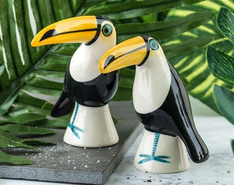 Handmade Ceramic Toucan Salt and Pepper Shakers, tucan, pottery gift, designed in UK by Hannah Turner, gift boxed, retro vintage toucan,