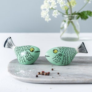 Handmade Ceramic Fish Salt and Pepper Shakers, retro fish salt and pepper shakers, perfect wedding gift, vintage fish shakers, Blue / Green