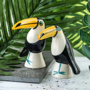 Handmade Ceramic Toucan Salt and Pepper Shakers, tucan, pottery gift, designed in UK by Hannah Turner, gift boxed, retro vintage toucan, image 1