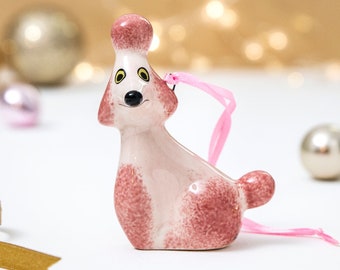 Handmade Ceramic Poodle Christmas Decoration, kitsch Pink Poodle tree decoration, designed in UK by Hannah Turner, gift-boxed for dog lover