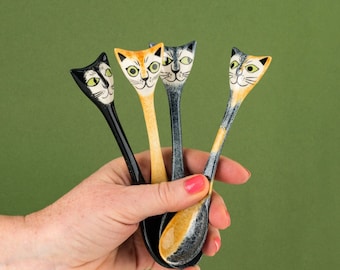 Handmade Ceramic Cat Spoons designed by Hannah Turner, fun pottery spoons in shape of cats great gift for kids and adults