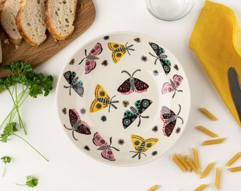Handmade Ceramic Moth pasta bowl, designed in the UK by Hannah Turner. Perfect stylish gift boxed pasta bowl, gift for moth lovers